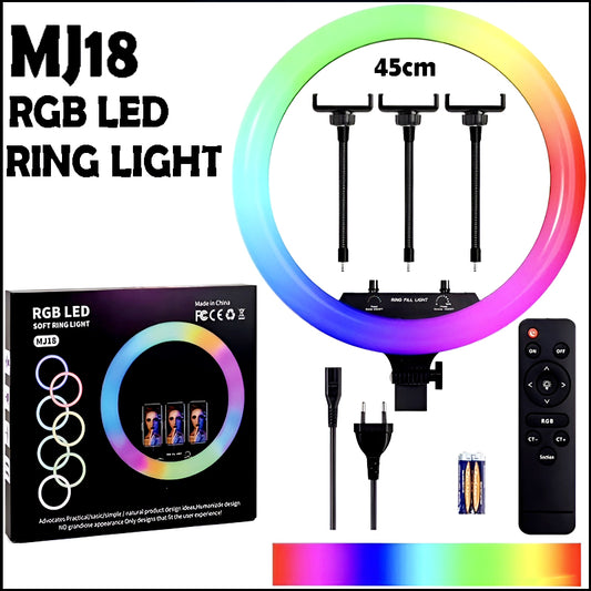 MJ18 45 CM RGB LED Soft Ring Light with 3 Phone Holders and Remote Control.