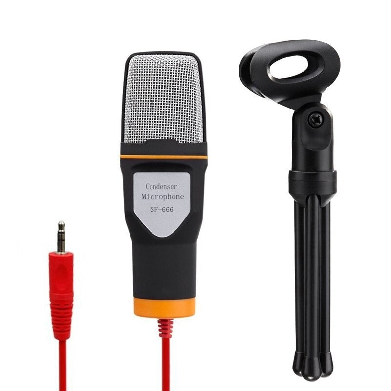 SF-666 Multimedia Studio 3.5mm Condenser Wired Computer Microphone with Tripod Stand.