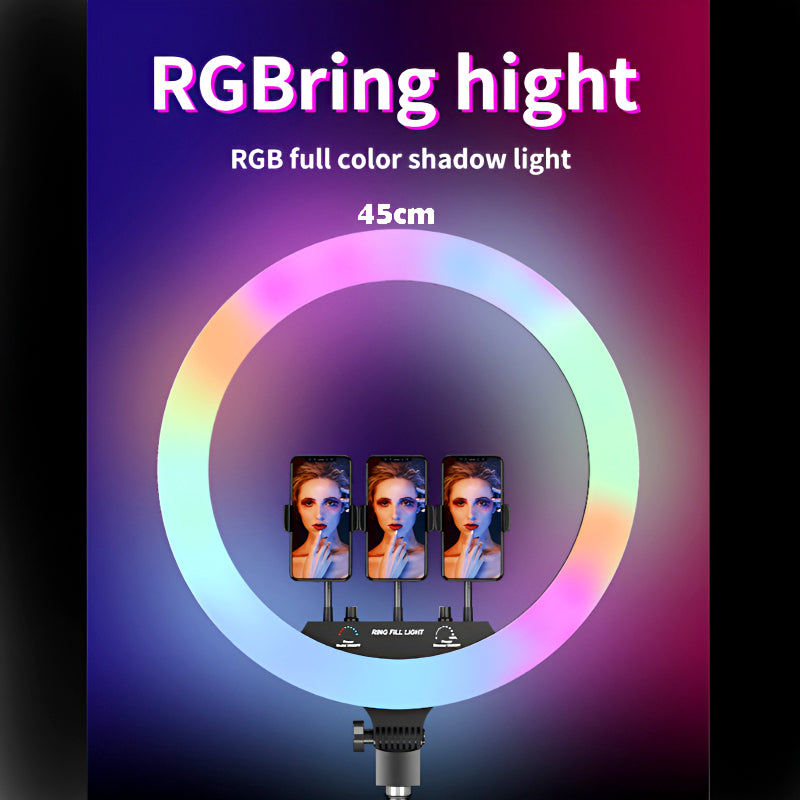 MJ18 45 CM RGB LED Soft Ring Light with 3 Phone Holders and Remote Control.